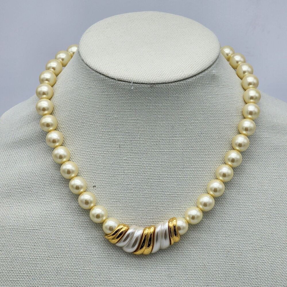 Napier Vintage 80s Simulated Pearl 16" Strand Necklace Gold Silver